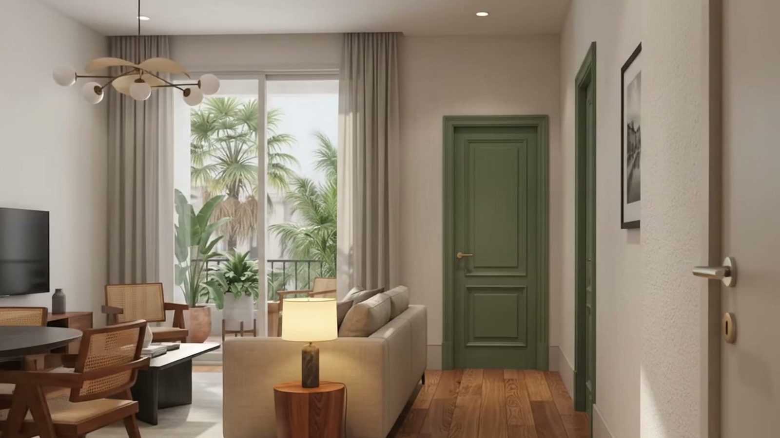 Interior restaurado com porta de sacada verde e varanda