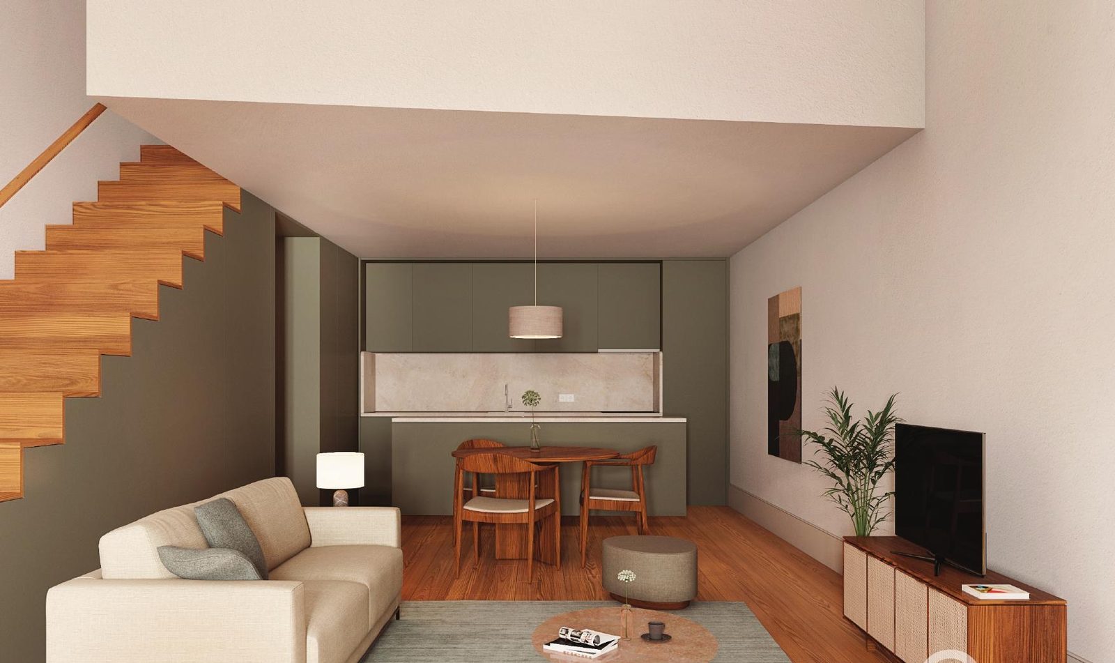 Sala do duplex com escada em madeira e pé-direito duplo